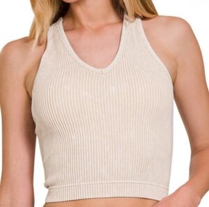 Zenana Heathered Beige Ribbed Racer Back Tank Bra Top